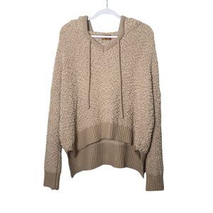 POL Sweatshirt Brown Hoodie Nubby Knit Pullover V Neck Sherpa Women's Size LG